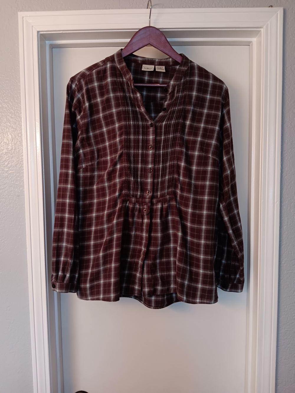 L.L. Bean Burgundy and White Plaid Button-Up Pleated Front Shirt